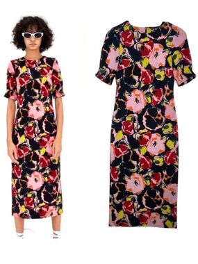 Zara TRF Collection Black Floral Midi Dress Small